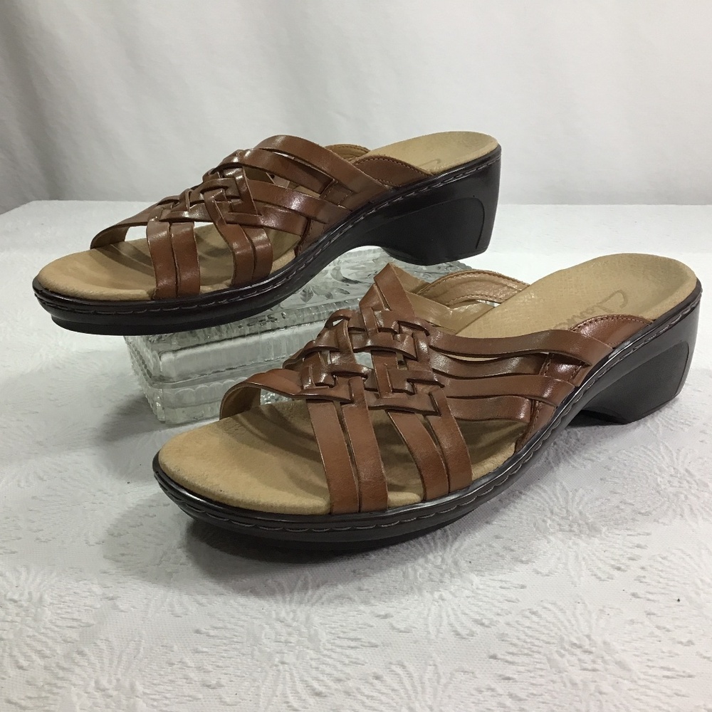 Tan Leather Slip-On Sandals with Woven Straps
